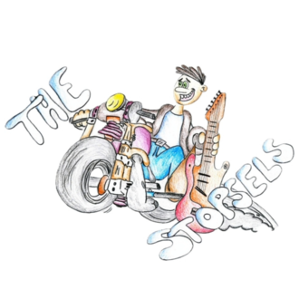 A colorful cartoon featuring a cheerful musician on a motorcycle. The musician is holding a guitar and the word "The Storbels" can be seen.