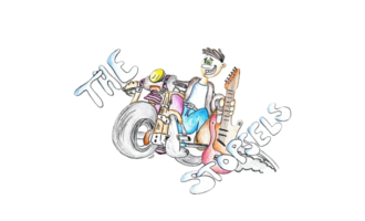 A colorful cartoon featuring a cheerful musician on a motorcycle. The musician is holding a guitar and the word "The Storbels" can be seen.