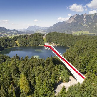 An impressive viewpoint bridge over a clear lake, surrounded by green forests and mountains. The sky is blue with some clouds.