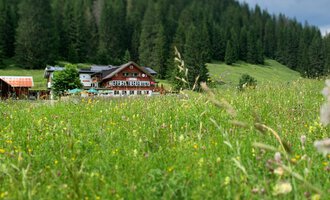 Eine idyllische Wiese mit bunten Wildblumen und einem Bauernhaus im Hintergrund. Umgeben von grünen Wäldern und sanften Hügeln. | © Alpenhotel DAS KÜREN