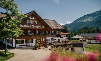 A cozy inn with a lovely café and a view of the mountains. Surrounded by green meadows and a clear blue sky.