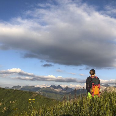 A person is standing in a meadow and looking at the mountains. The sky is blue with some clouds. | © Kleinwalsertal Tourismus | Louisa Hieke