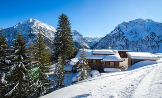 Eine winterliche Landschaft mit verschneiten Bergen und einer Holzhütte. Die Natur ist mit Tannenbäumen umgeben und der Himmel ist klar und blau. | © Bühlalpe | Frank Drechsel