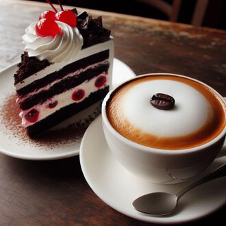 A piece of chocolate cake with cherries and cream next to a cup of coffee with creamy foam. Perfect combination for a sweet break. | © KI erstellt