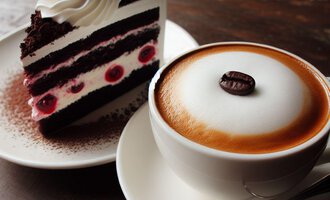 A piece of chocolate cake with cherries and cream next to a cup of coffee with creamy foam. Perfect combination for a sweet break. | © KI erstellt