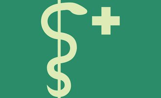 Ein Symbol, das Geld und Gesundheit kombiniert, mit einem Dollarzeichen und einem medizinischen Kreuz. Der Hintergrund ist grün und die Icons sind in einer hellen Farbe gehalten.