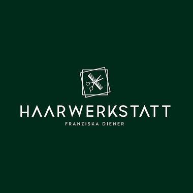 A logo for a hair salon named "Haarwerkstatt". It features scissors and combs on a green background. | © Friseur Haarwerkstatt | Franziska Diener Logo