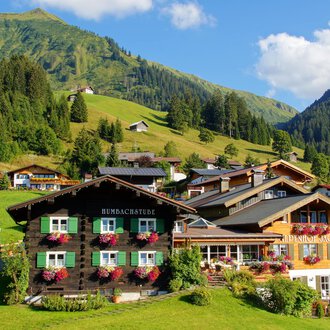 Eine malerische Landschaft mit traditionellen Häusern in den Bergen. Üppige grüne Wiesen und Wälder umgeben die Gebäude. | © Alpenhof Jäger | Werbewind