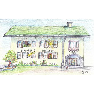 A colorful, hand-drawn building named "Kinderhaus Hirschegg". Surrounded by garden landscapes and cheerful details that create an inviting atmosphere. | © Gemeinde Mittelberg