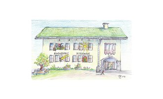 Ein farbenfrohes, handgezeichnetes Gebäude mit dem Namen "Kinderhaus Hirschegg". Umgeben von Gartenanlagen und fröhlichen Details, die eine einladende Atmosphäre schaffen. | © Gemeinde Mittelberg