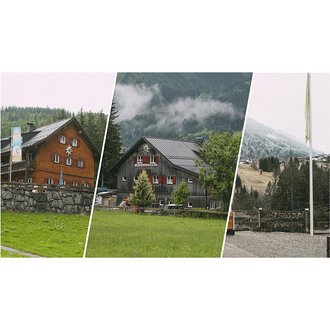 Three alpine houses in different landscapes. The surroundings are wooded and mountainous, with a slight fog. | © Mahdtalhaus | Thomas Dielmann