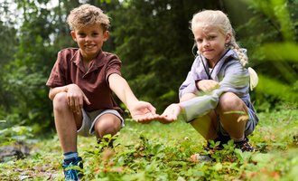 Zwei Kinder spielen im Wald. Sie knien auf dem Boden und zeigen etwas in ihren Händen. | © Kleinwalsertal Tourismus | Oliver Farys