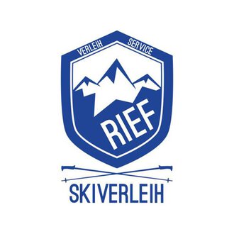 Logo for a ski rental named "RIEF". It features mountains and a sporty, modern style in blue and white. | © Rief Verleih Riezlern Johannes Rief Logo