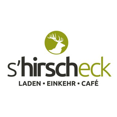 A logo with the name "s'hirscheck" that includes the words "STORE", "REFUGE", and "CAFÉ". It features a stylized antler over a green background. | © s´Hirscheck Logo