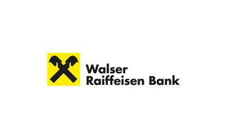A logo of the Walser Raiffeisen Bank with a yellow background and simple graphic symbols. The name of the bank is clearly visible below. | © Walser Raiffeisen Bank AG Logo