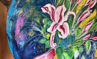 A colorful painting with a variety of flowers, including lilies and other plants. The colors are vibrant and bold, especially blue, pink, and yellow.