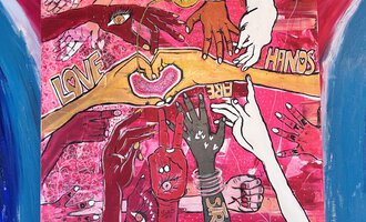 Ein buntes Kunstwerk mit Händen in verschiedenen Hauttönen, die sich in der Mitte treffen. Darin steht das Wort „LOVE“ und „HANDS“ in lebendigen Farben.