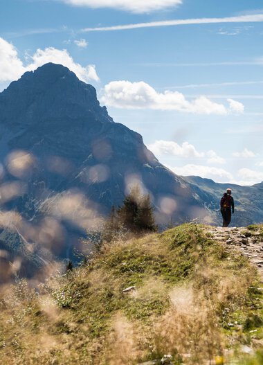 A hiker walking on a trail in the mountains of the Black Forest on a sunny day, surrounded by green grass and mountain peaks in the background. | © Kleinwalsertal Tourismus eGen • Photographer: Andre Tappe
