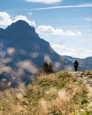 A hiker walking on a trail in the mountains of the Black Forest on a sunny day, surrounded by green grass and mountain peaks in the background. | © Kleinwalsertal Tourismus eGen • Photographer: Andre Tappe