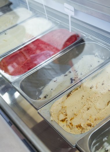 Verschiedene Sorten Eis im Tiefkühltruhenregal beim Walser Wochenmarkt, darunter Vanille, Himbeere und Karamell. | © Kleinwalsertal Tourismus eGen