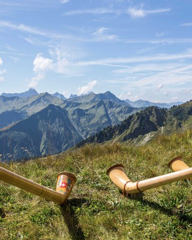 Several alphorns lie on a mountain meadow with a mountain range and sky in the background. | © Kleinwalsertal Tourismus eGen • Photographer: Frank Drechsel